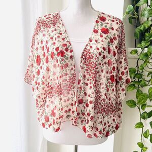 Divided Red & White Floral Lightweight Chiffon Boho Flowy Open Blouse Wrap Small